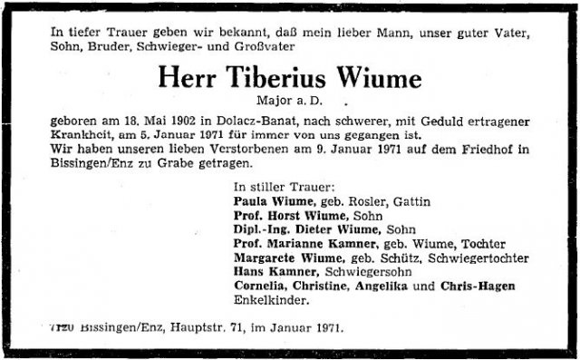 Wiume Tiberius 1902-1971 Todesanzeige